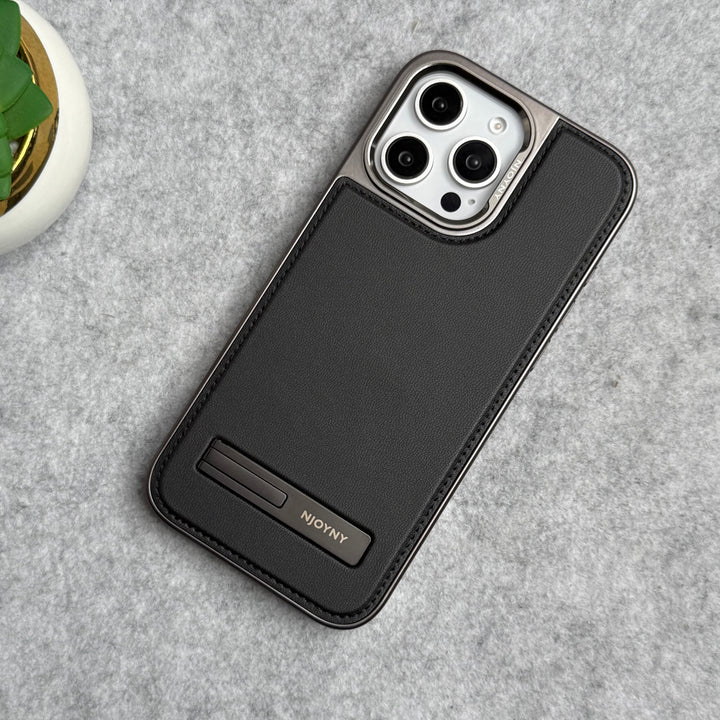iPhone 16 Series Leather Mate Chrome Plated Kick Stand Case Cover