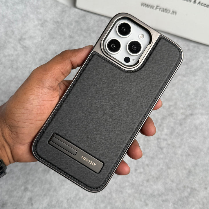 iPhone 16 Series Leather Mate Chrome Plated Kick Stand Case Cover