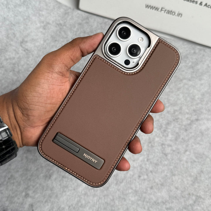 iPhone 16 Series Leather Mate Chrome Plated Kick Stand Case Cover