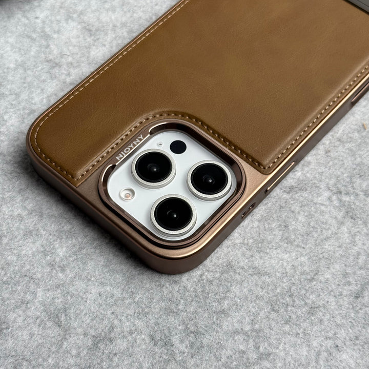 iPhone 16 Series Leather Mate Chrome Plated Kick Stand Case Cover