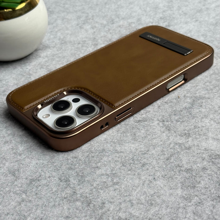 iPhone 16 Series Leather Mate Chrome Plated Kick Stand Case Cover