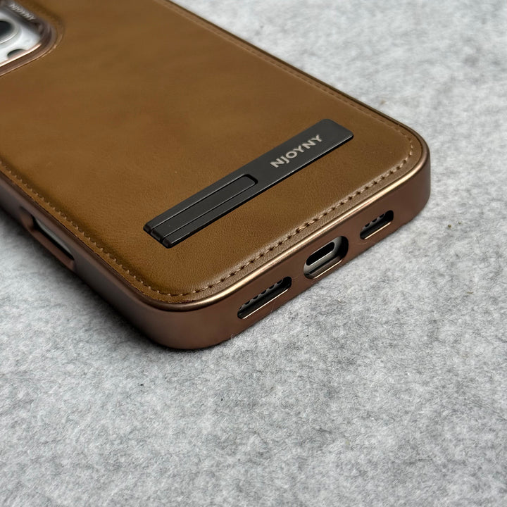 iPhone 16 Series Leather Mate Chrome Plated Kick Stand Case Cover
