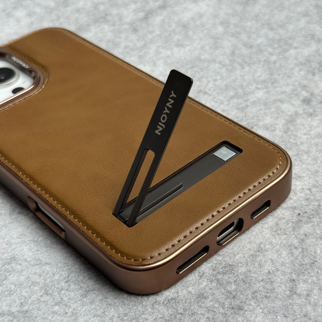 iPhone 16 Series Leather Mate Chrome Plated Kick Stand Case Cover