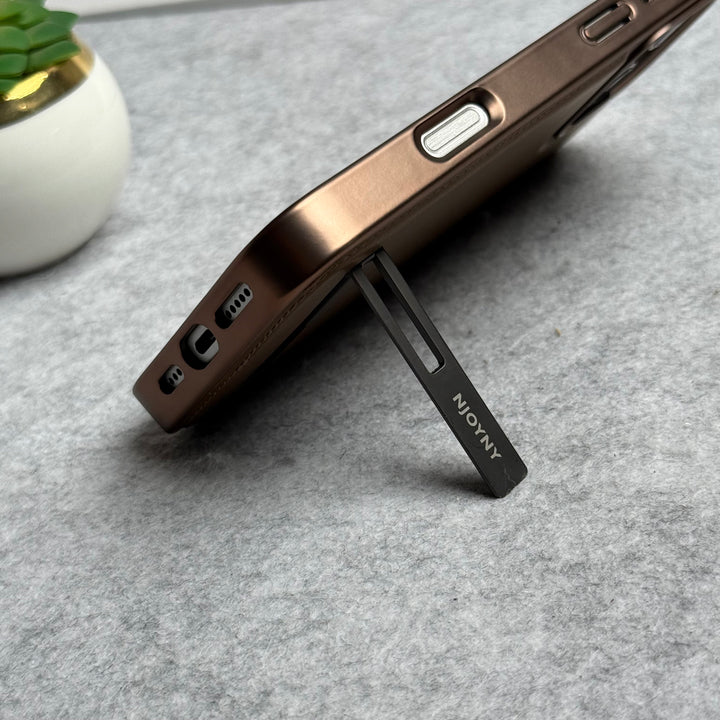 iPhone 16 Series Leather Mate Chrome Plated Kick Stand Case Cover