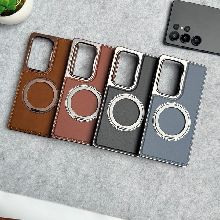 Samsung Galaxy S25 Ultra Leather Mate Chrome Plated Rotating Stand Case Cover