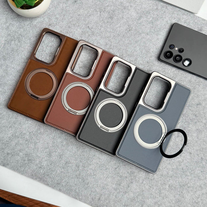 Samsung Galaxy S25 Ultra Leather Mate Chrome Plated Rotating Stand Case Cover