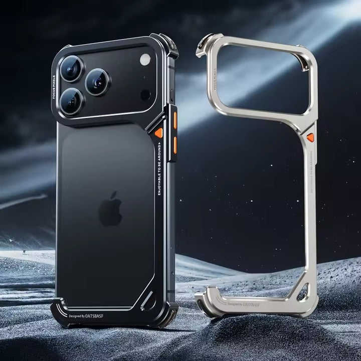 iPhone 17 Pro 9-Shaped Frameless Metal Bumper Case with Hidden Lens Stand | Shockproof Aviation-Grade Alloy Frame