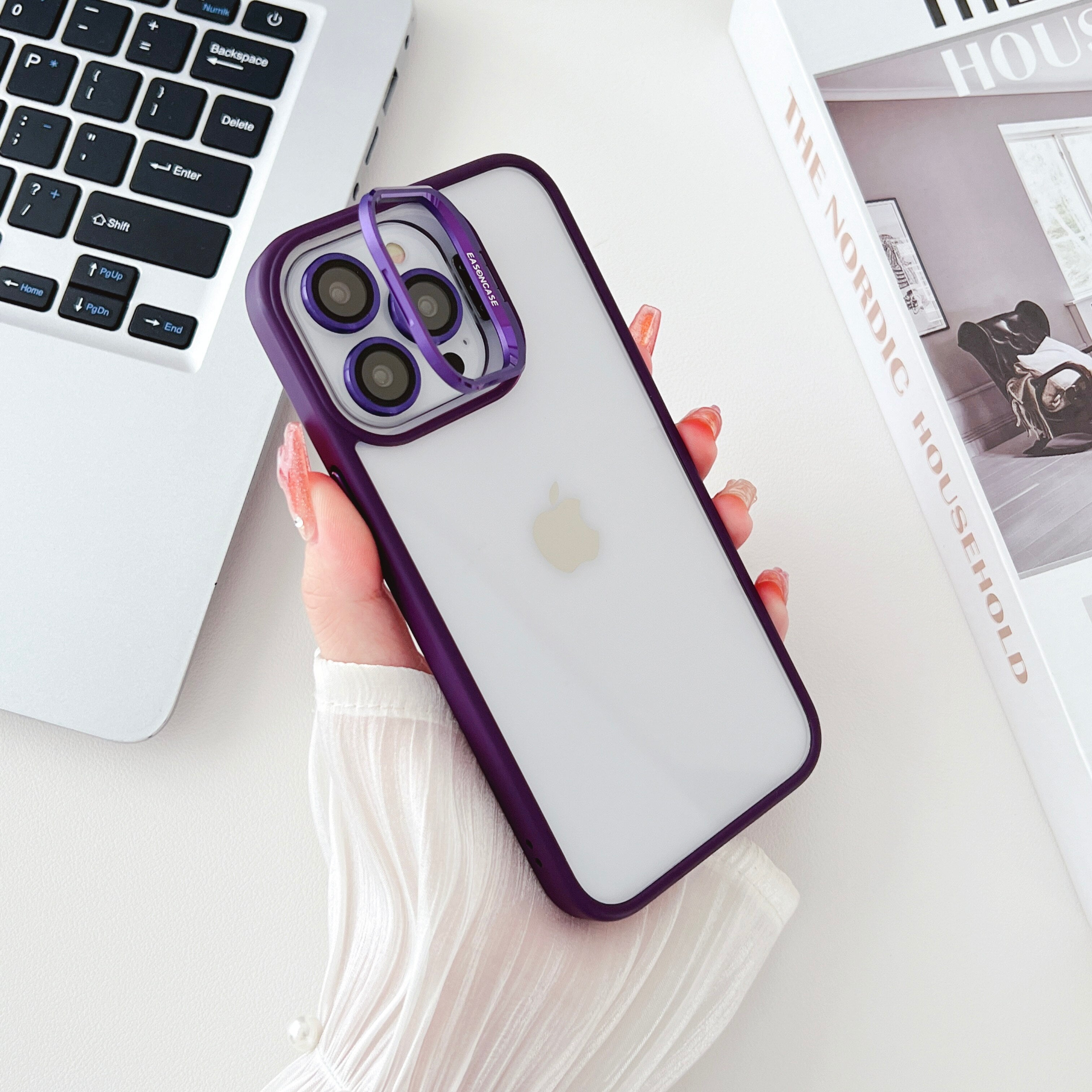 iPhone 15 Series Hollow Flipping Lens Bracket Case Cover ( Deep Purple )
