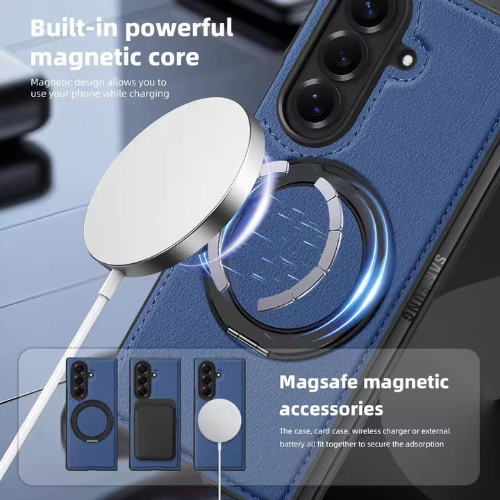 Galaxy Z Fold 7 Premium Leather MagSafe Case | Strong Magnetic Ring | Shockproof Back Cover with Luxe PU Leather Finish