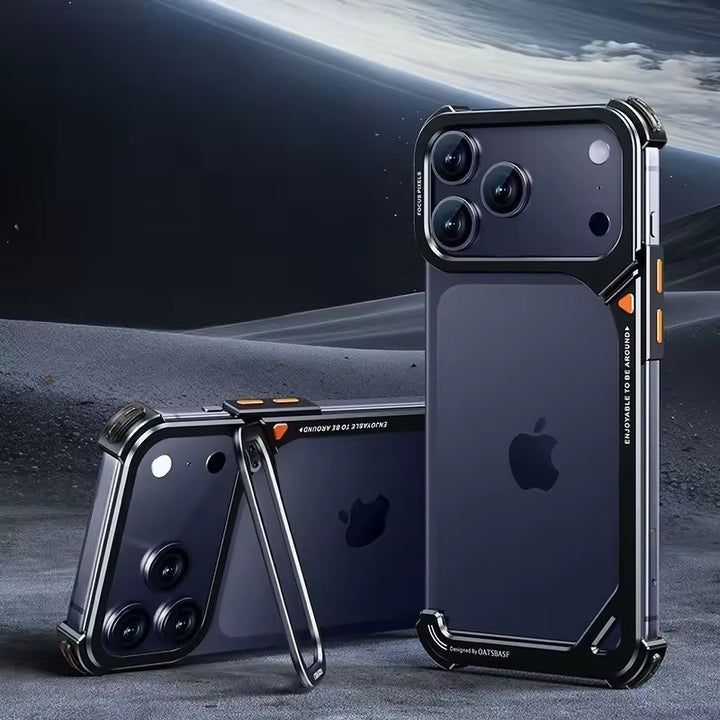 iPhone 17 Pro 9-Shaped Frameless Metal Bumper Case with Hidden Lens Stand | Shockproof Aviation-Grade Alloy Frame