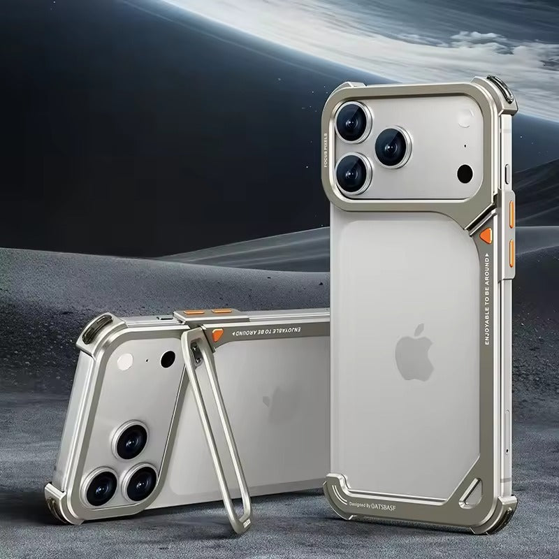 iPhone 17 Pro 9-Shaped Frameless Metal Bumper Case with Hidden Lens Stand | Shockproof Aviation-Grade Alloy Frame