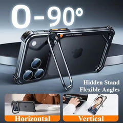 iPhone 17 Pro 9-Shaped Frameless Metal Bumper Case with Hidden Lens Stand | Shockproof Aviation-Grade Alloy Frame
