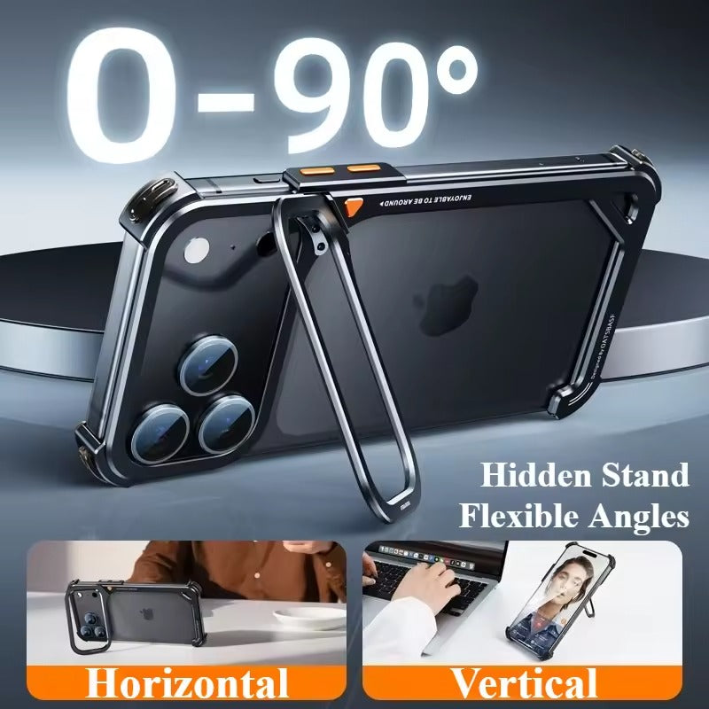 iPhone 17 Pro 9-Shaped Frameless Metal Bumper Case with Hidden Lens Stand | Shockproof Aviation-Grade Alloy Frame
