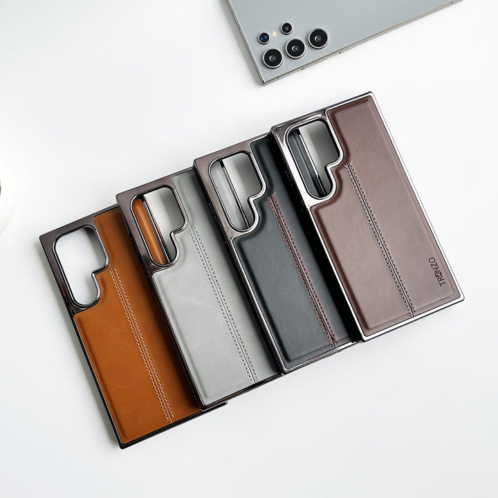 Samsung Galaxy S24 Ultra PU Leather Middle Stitch Side Chrome Case Cover