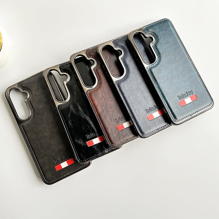 Samsung Galaxy S24 Textured PU Leather Side Chrome Case Cover