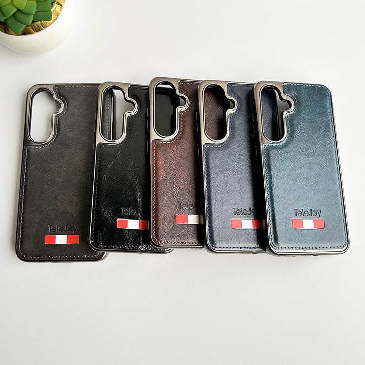 Samsung Galaxy S24 Textured PU Leather Side Chrome Case Cover