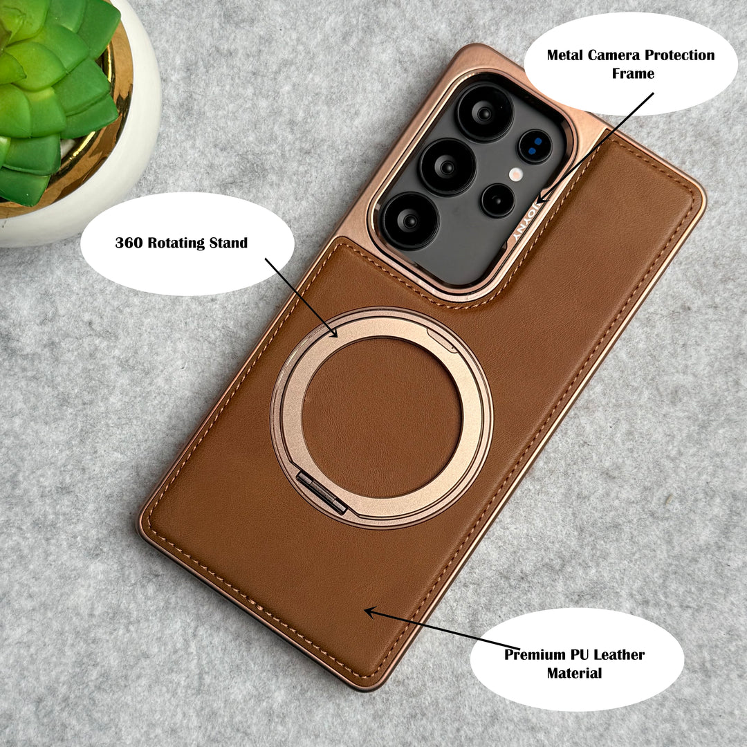 iPhone 16 Series Leather Mate Chrome Plated Kick Stand Case Cover