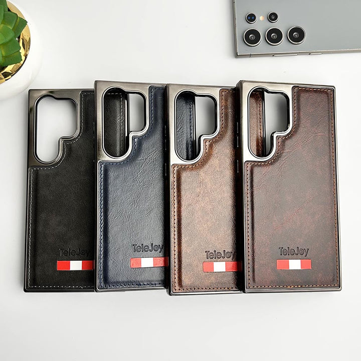 Samsung Galaxy S25 Ultra Textured PU Leather Side Chrome Case Cover