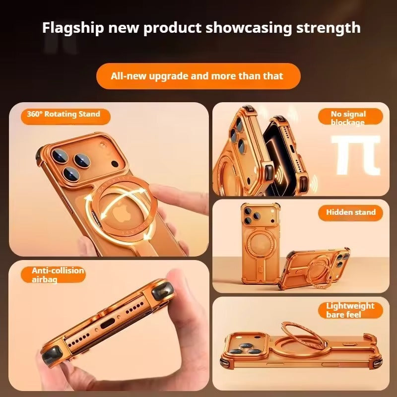 iPhone 17 Pro Metal Frameless Bumper Case | Blue Aluminum Protective Cover with 360° Rotating Stand