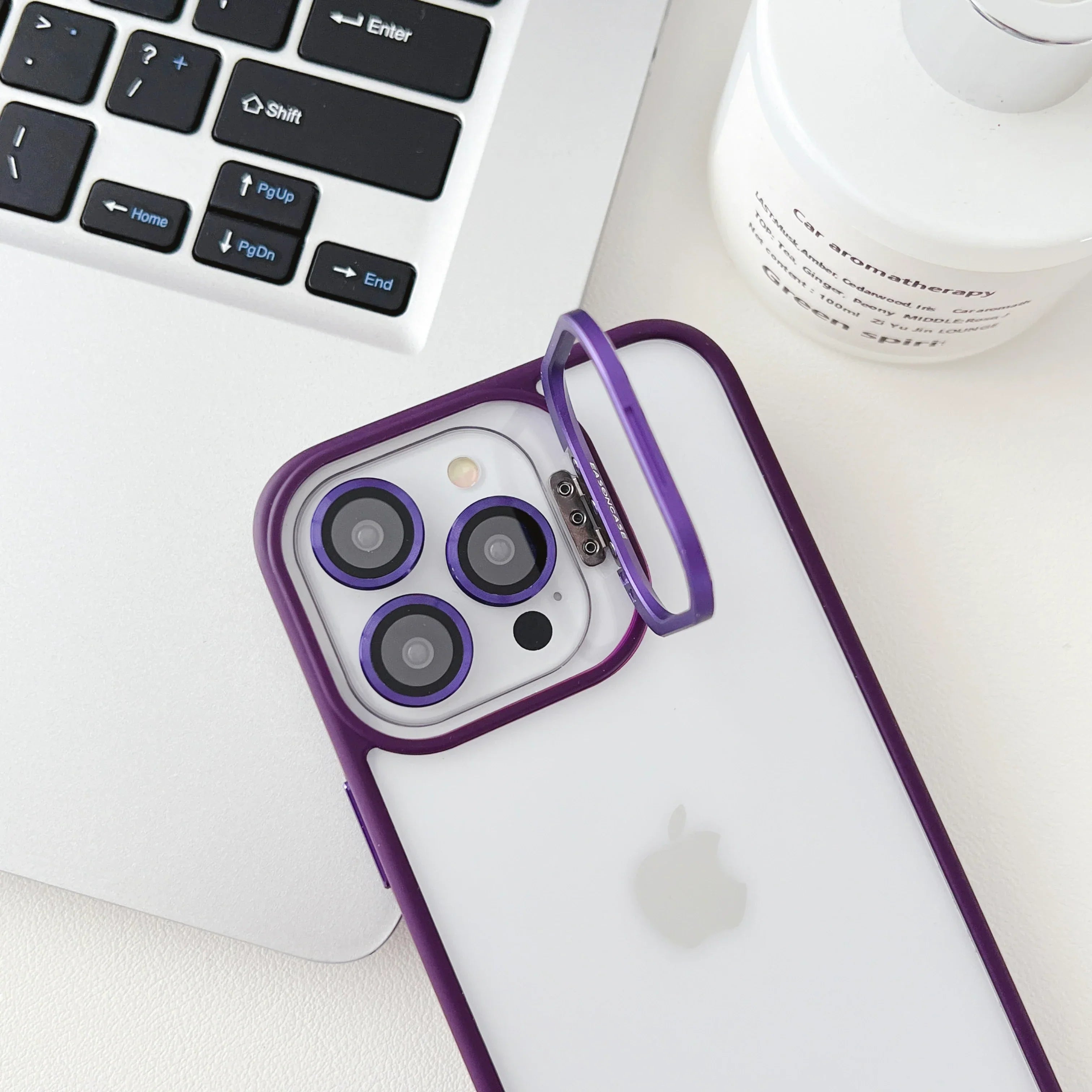 iPhone 15 Series Hollow Flipping Lens Bracket Case Cover ( Deep Purple )
