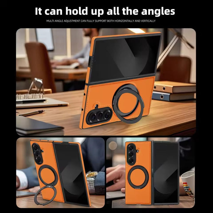 Galaxy Z Fold 7 Premium Leather MagSafe Case | Strong Magnetic Ring | Shockproof Back Cover with Luxe PU Leather Finish