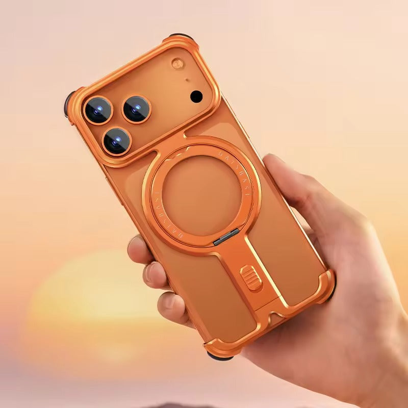 iPhone 17 Pro Max Metal Frameless Bumper Case | Blue Aluminum Protective Cover with 360° Rotating Stand