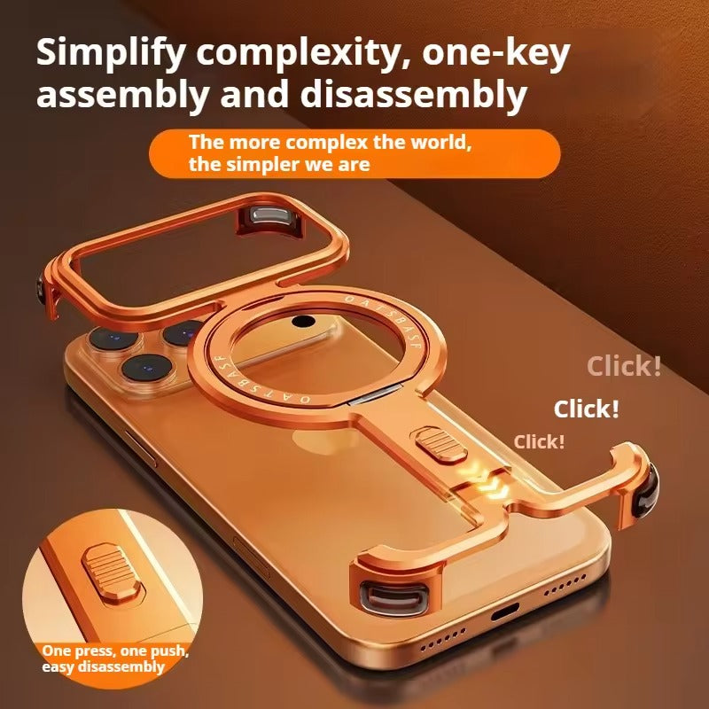 iPhone 17 Pro Max Metal Frameless Bumper Case | Blue Aluminum Protective Cover with 360° Rotating Stand