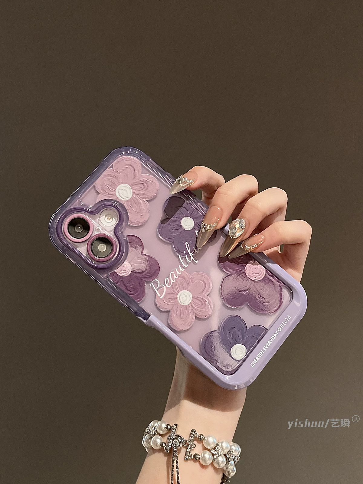 iPhone 16 Series Beautiful Purple Glossy Floral With Kickstand Case Cover