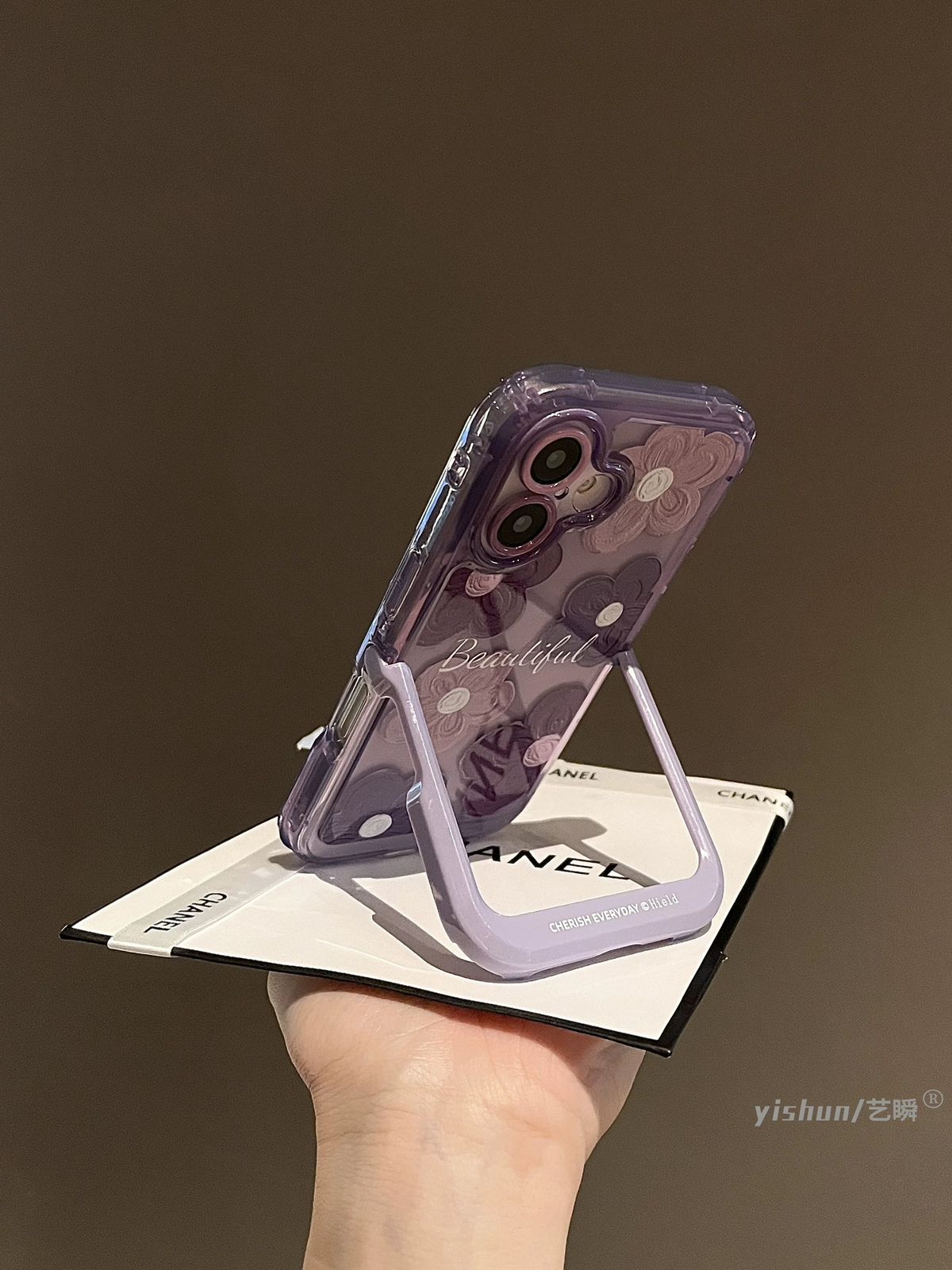 iPhone 16 Series Beautiful Purple Glossy Floral With Kickstand Case Cover