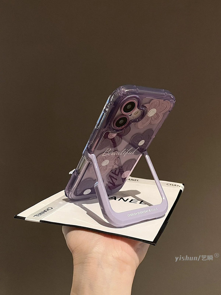 iPhone 16 Series Beautiful Purple Glossy Floral With Kickstand Case Cover