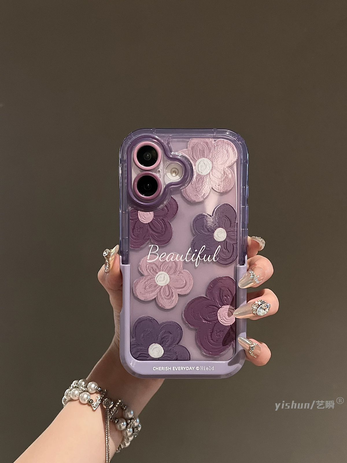 iPhone 16 Series Beautiful Purple Glossy Floral With Kickstand Case Cover