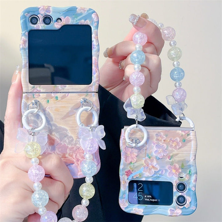 Samsung Galaxy Z Flip 5 Floral Print Glossy Case With Crystal Pearl Chain
