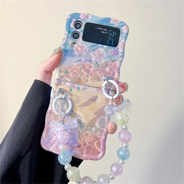 Samsung Galaxy Z Flip 5 Floral Print Glossy Case With Crystal Pearl Chain