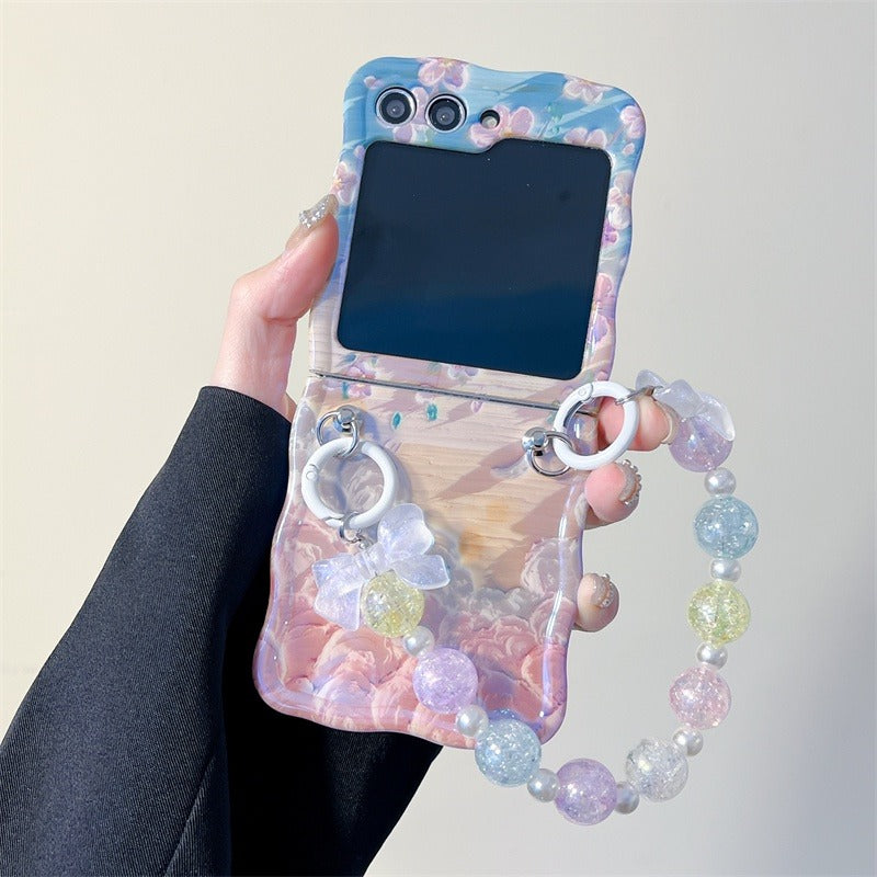 Samsung Galaxy Z Flip 5 Floral Print Glossy Case With Crystal Pearl Chain