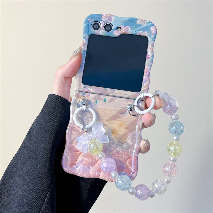 Samsung Galaxy Z Flip 5 Floral Print Glossy Case With Crystal Pearl Chain