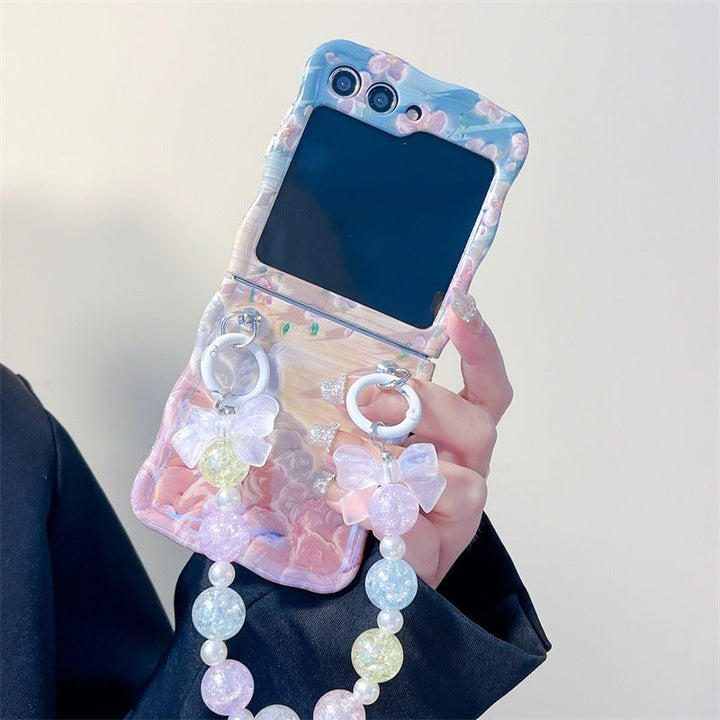 Samsung Galaxy Z Flip 5 Floral Print Glossy Case With Crystal Pearl Chain