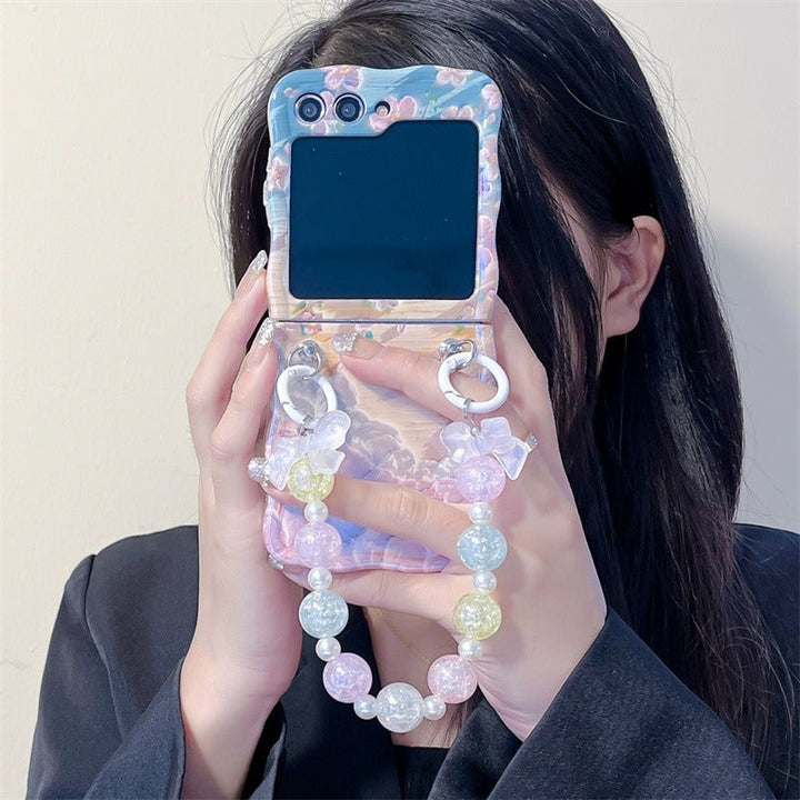 Samsung Galaxy Z Flip 5 Floral Print Glossy Case With Crystal Pearl Chain