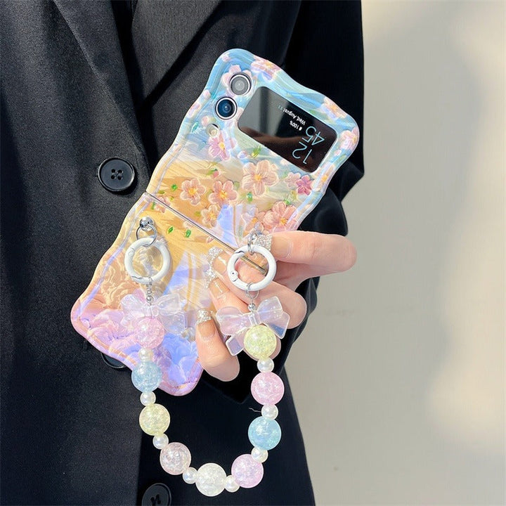 Samsung Galaxy Z Flip 5 Floral Print Glossy Case With Crystal Pearl Chain