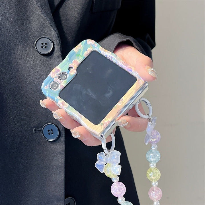 Samsung Galaxy Z Flip 5 Floral Print Glossy Case With Crystal Pearl Chain