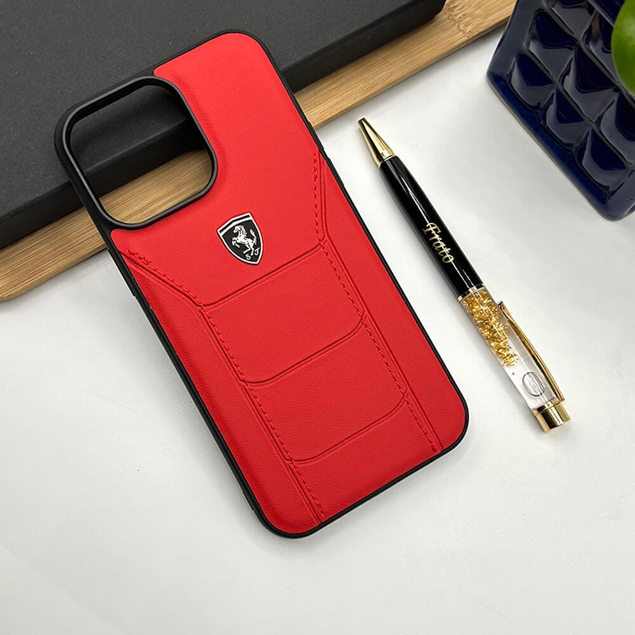 iPhone 16 Series Ferrari Sports Car Logo Side Stitch Leather Cover (Red)