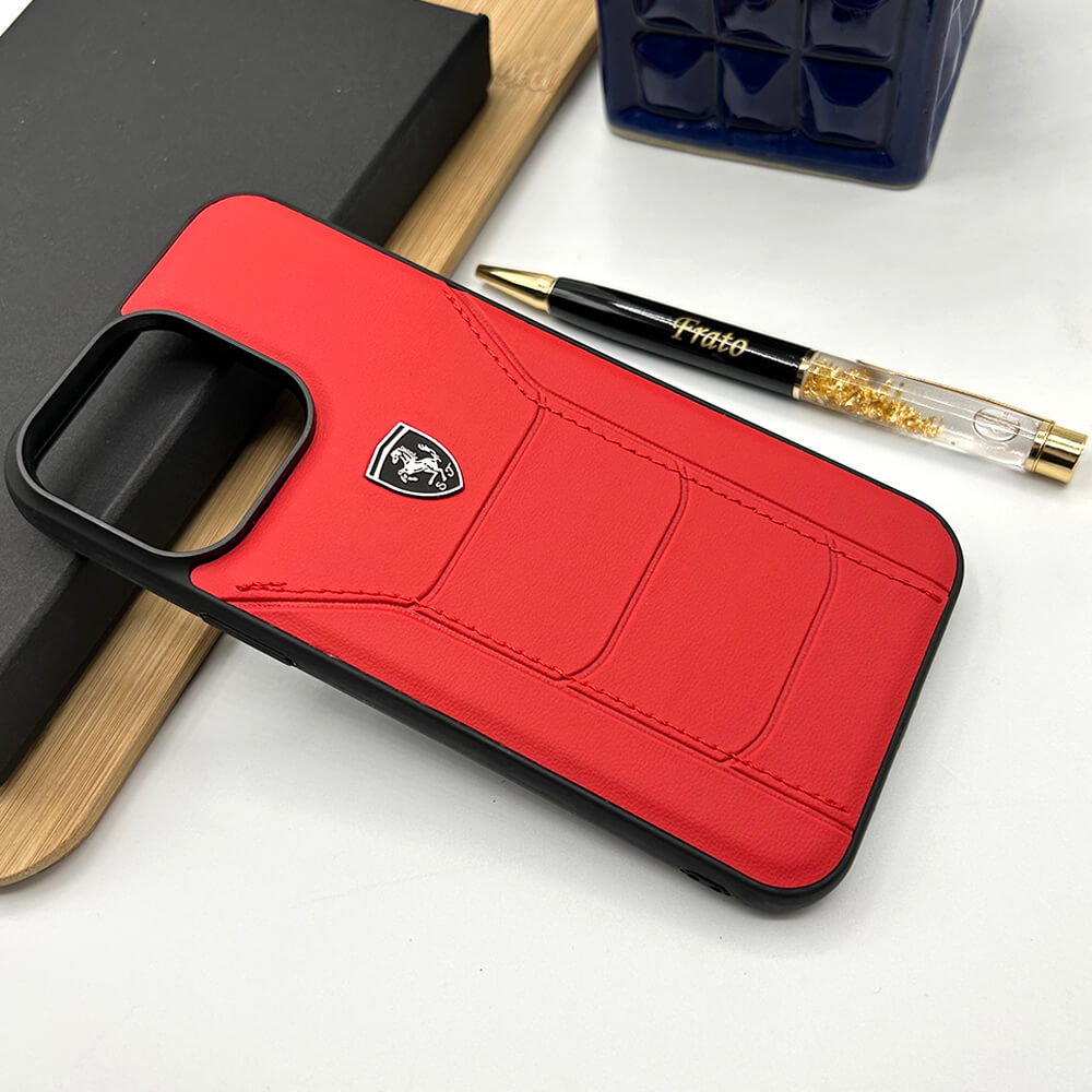 iPhone 16 Series Ferrari Sports Car Logo Side Stitch Leather Cover (Red)