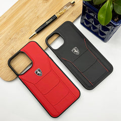 iPhone 16 Series Ferrari Sports Car Logo Side Stitch Leather Cover (Red)