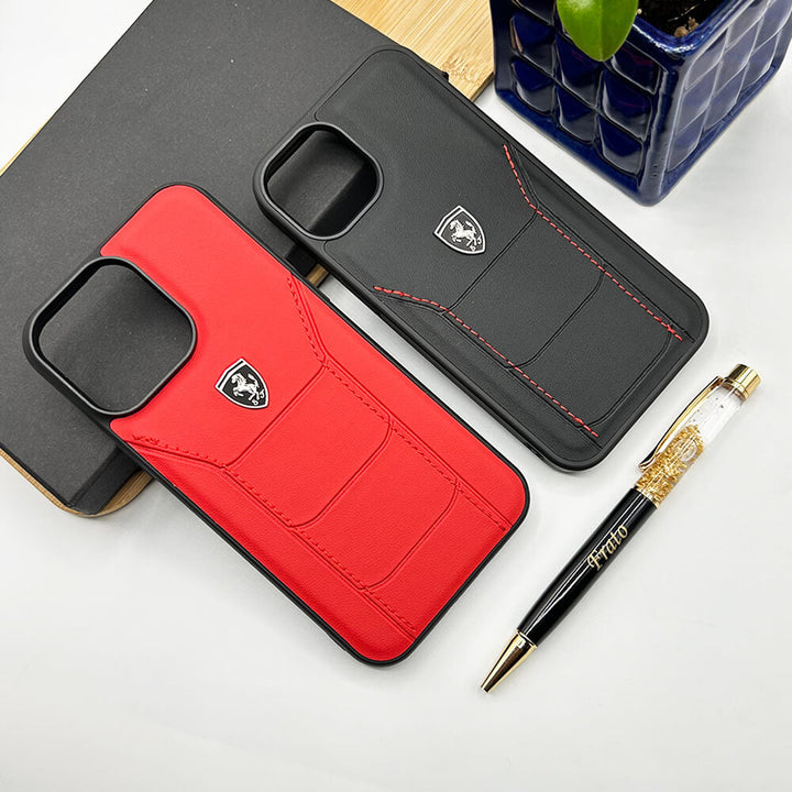 iPhone 16 Series Ferrari Sports Car Logo Side Stitch Leather Cover Black