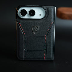 Racing-Inspired Leather-Texture Case for iPhone Duo | Sporty Stitching & Shield Emblem Design