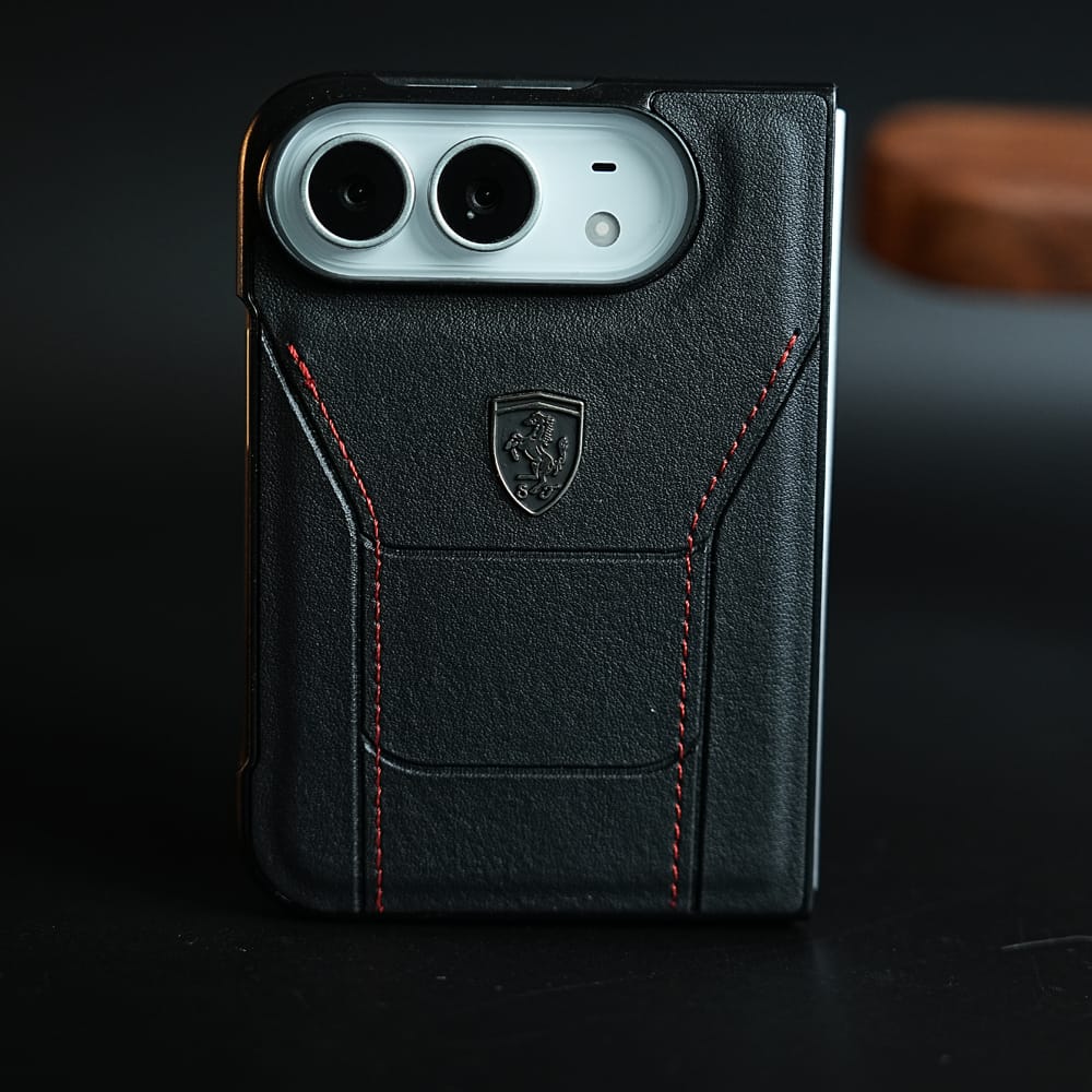 Racing-Inspired Leather-Texture Case for iPhone Duo | Sporty Stitching & Shield Emblem Design