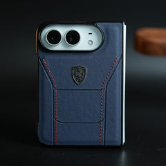 Racing-Inspired Leather-Texture Case for iPhone Duo | Sporty Stitching & Shield Emblem Design