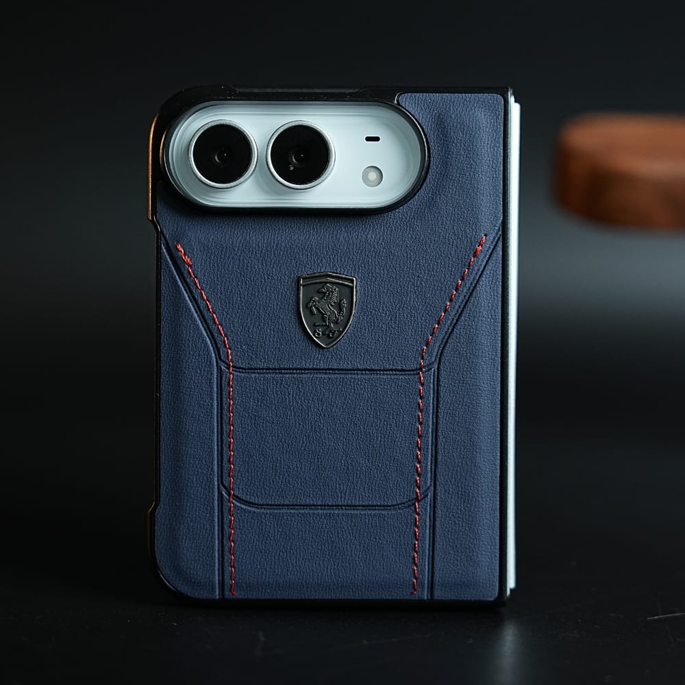 Racing-Inspired Leather-Texture Case for iPhone Duo | Sporty Stitching & Shield Emblem Design
