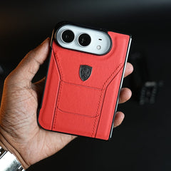 Racing-Inspired Leather-Texture Case for iPhone Duo | Sporty Stitching & Shield Emblem Design