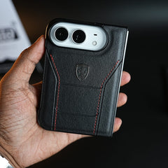 Racing-Inspired Leather-Texture Case for iPhone Duo | Sporty Stitching & Shield Emblem Design