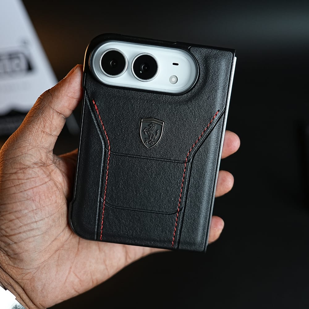 Racing-Inspired Leather-Texture Case for iPhone Duo | Sporty Stitching & Shield Emblem Design